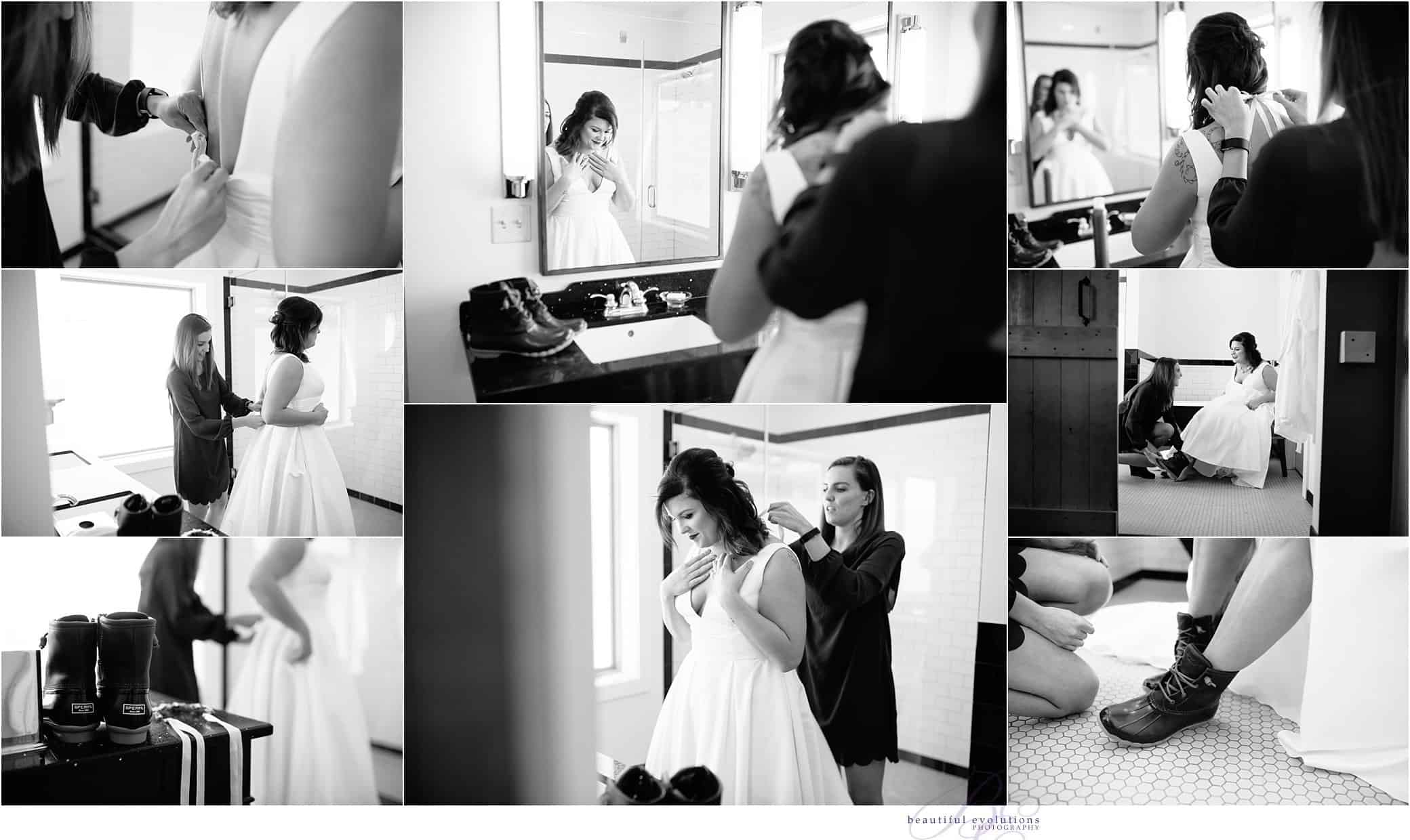 bride getting dress on