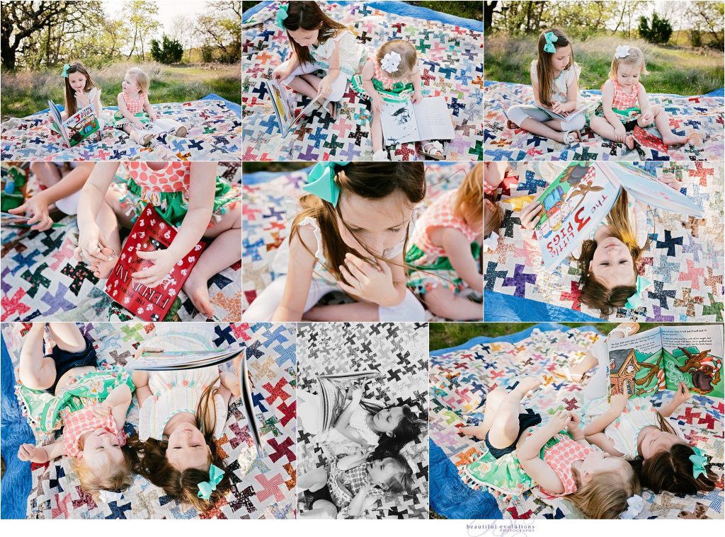 sisters reading on quilt