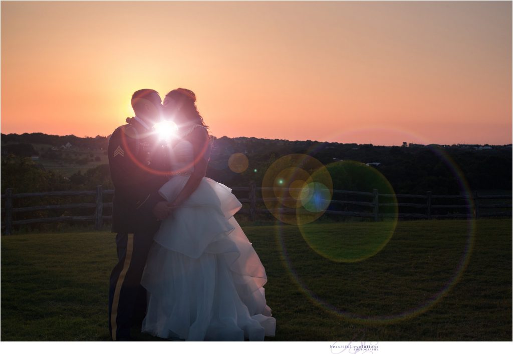 sunset bride and groom at h3 ranch